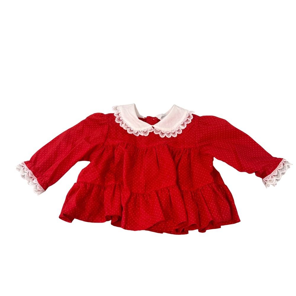 Vintage Red Polka Dot Baby Shirt Lace Peter Pan Collar Holiday Velvet 12M